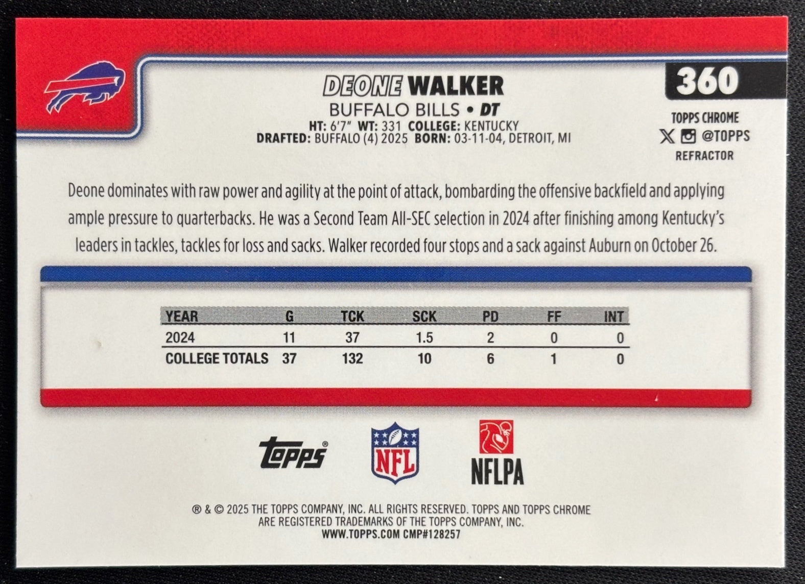 Deone Walker 2025 Topps Chrome Rookie Refractor Bills Football