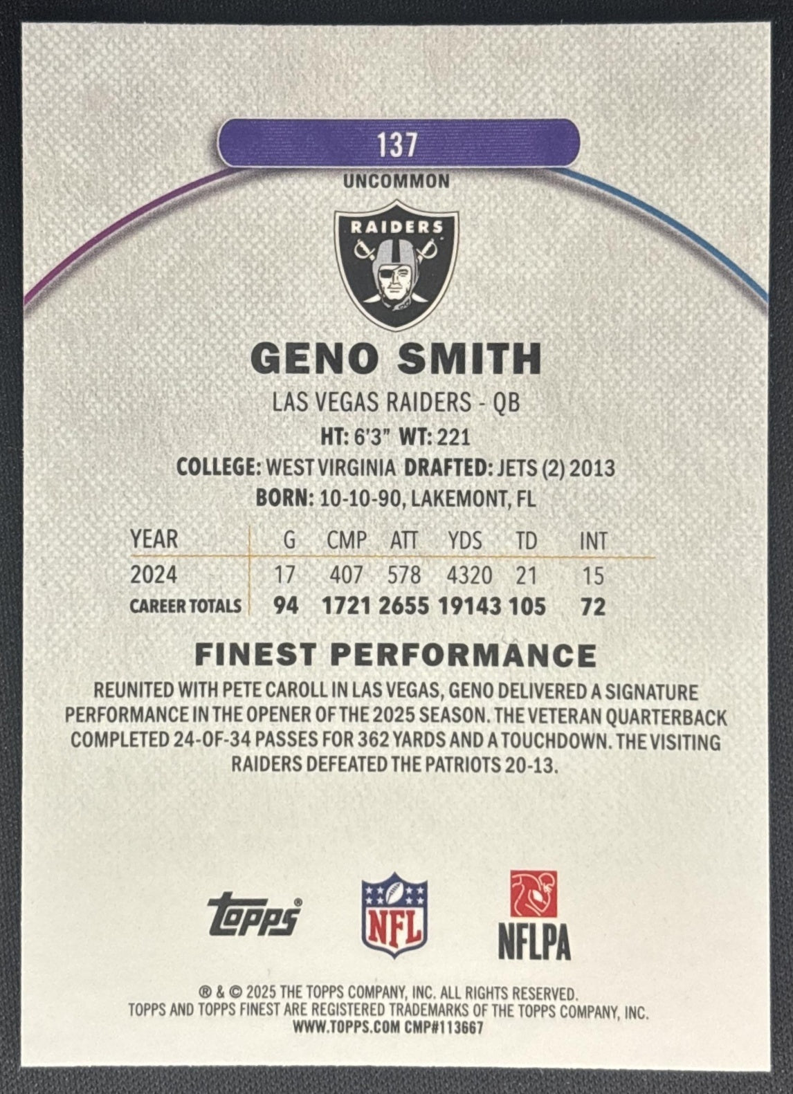 Geno Smith 2025 Topps Finest Uncommon Blue Geometric Refractor /75 Raiders back