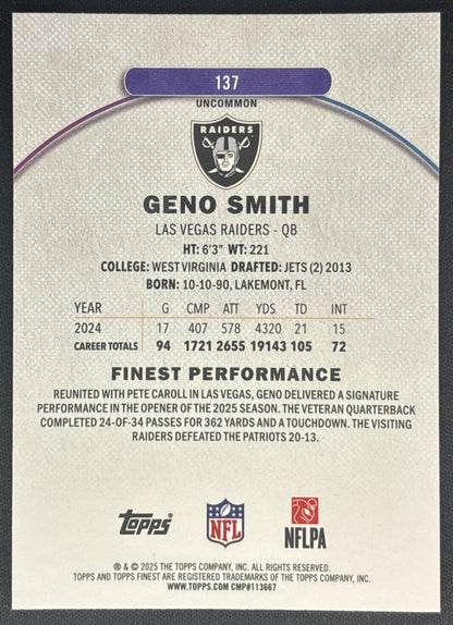 Geno Smith 2025 Topps Finest Uncommon Blue Geometric Refractor /75 Raiders back