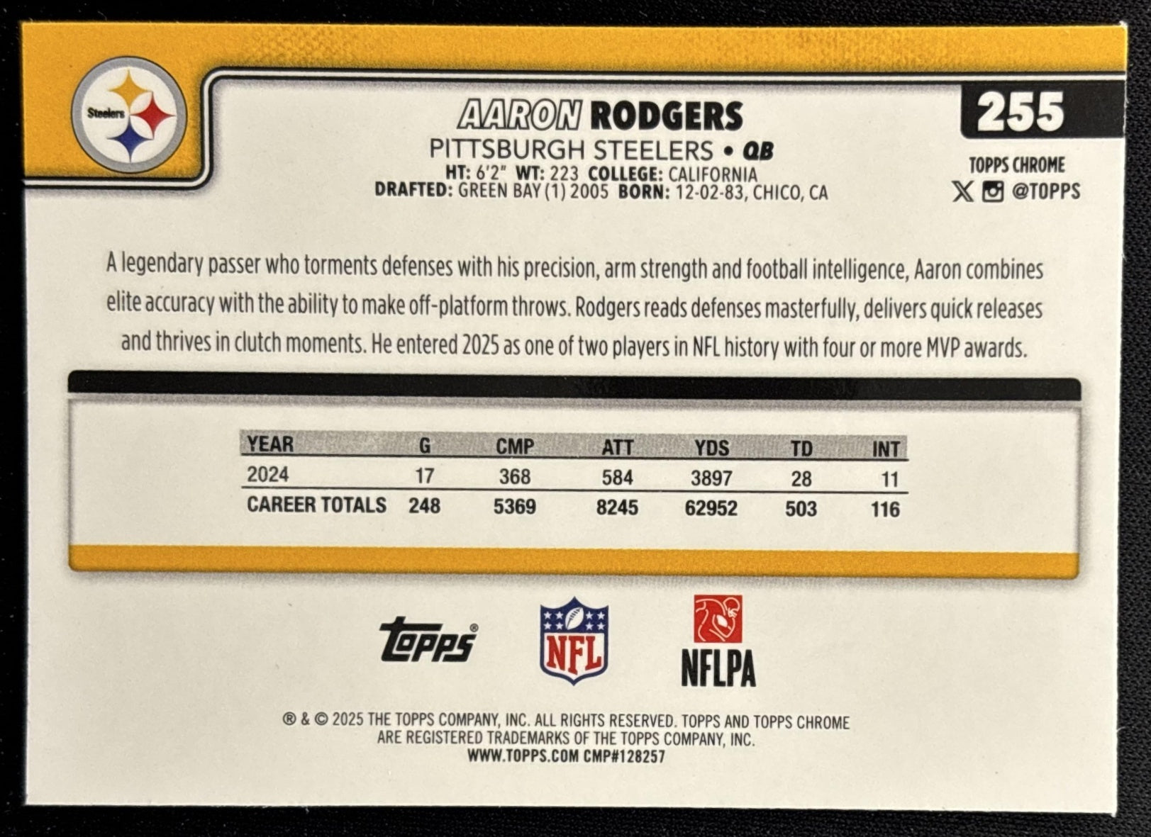 Aaron Rodgers 2025 Topps Chrome Sapphire Steelers