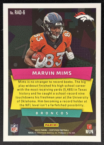 Marvin Mims 2023 Panini Certified Radical Rookies Broncos back
