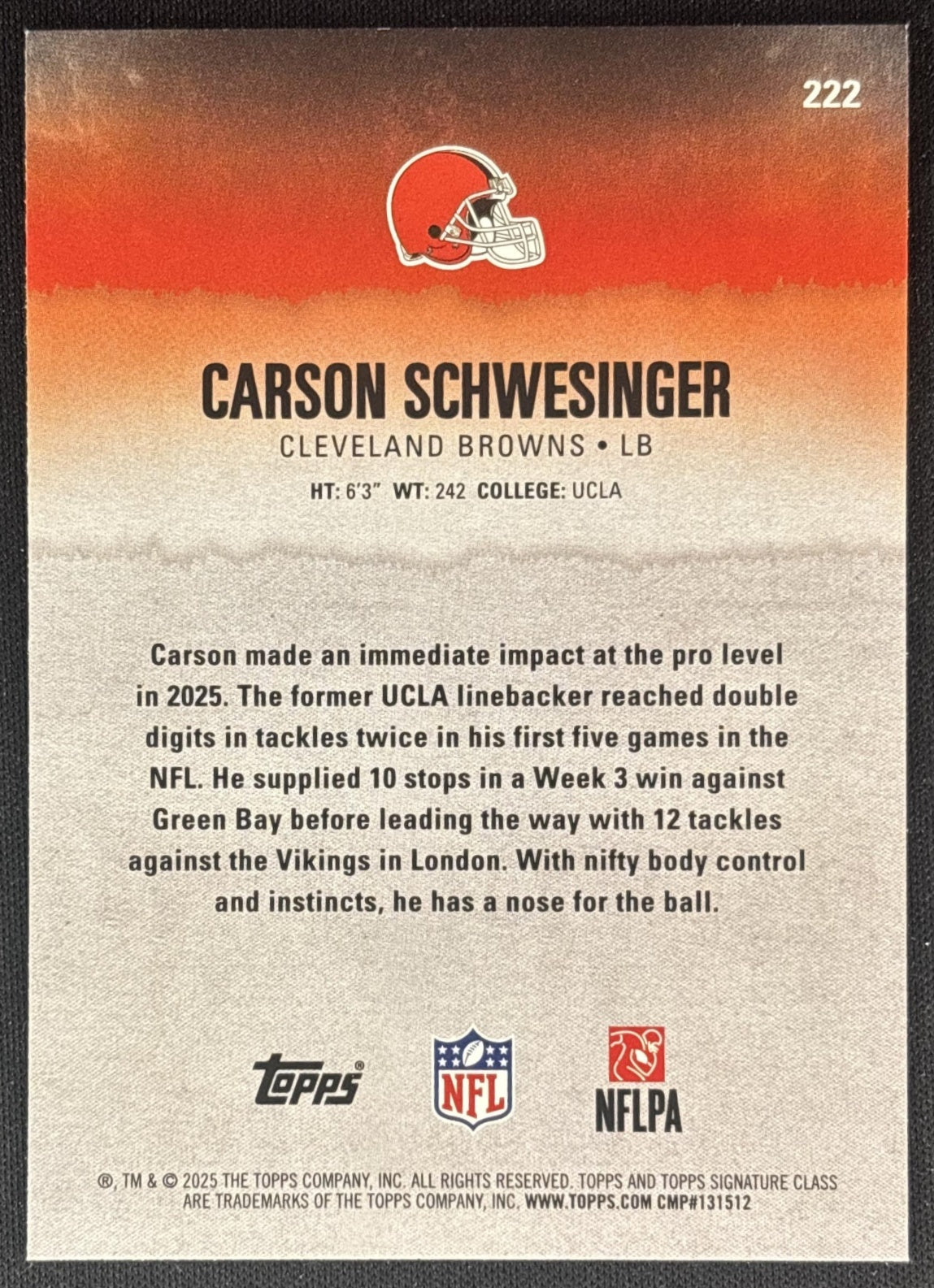 Carson Schwesinger 2025 Topps Signature Class Rookie Green & Purple Foil Browns back