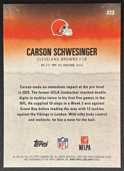 Carson Schwesinger 2025 Topps Signature Class Rookie Green & Purple Foil Browns back