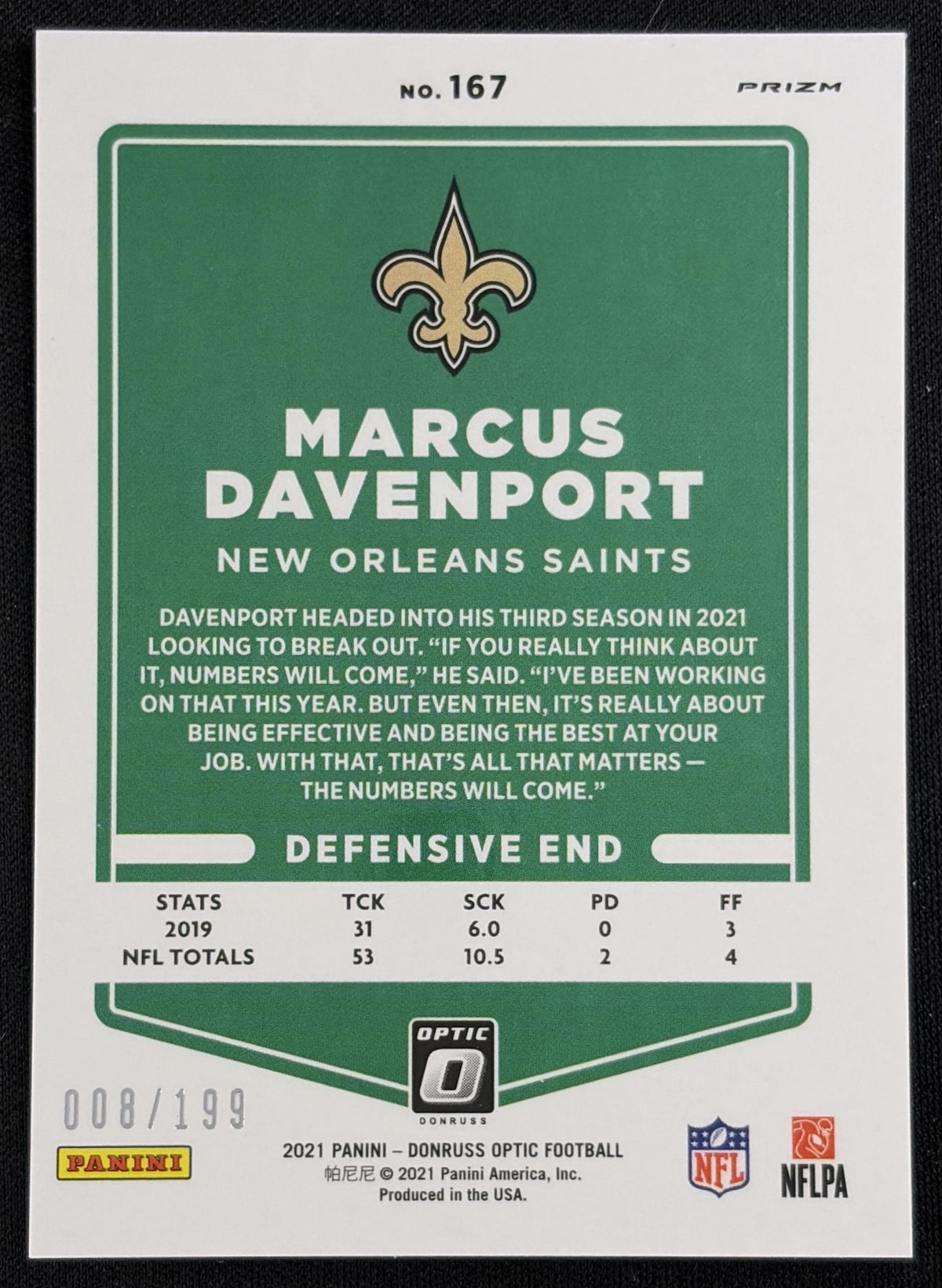 Marcus Davenport 2021 Panini Donruss Optic Orange /199 Saints - back