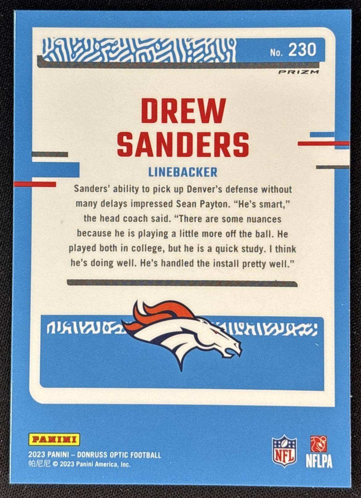 Drew Sanders 2023 Panini Donruss Optic Blue Hyper Prizm Broncos