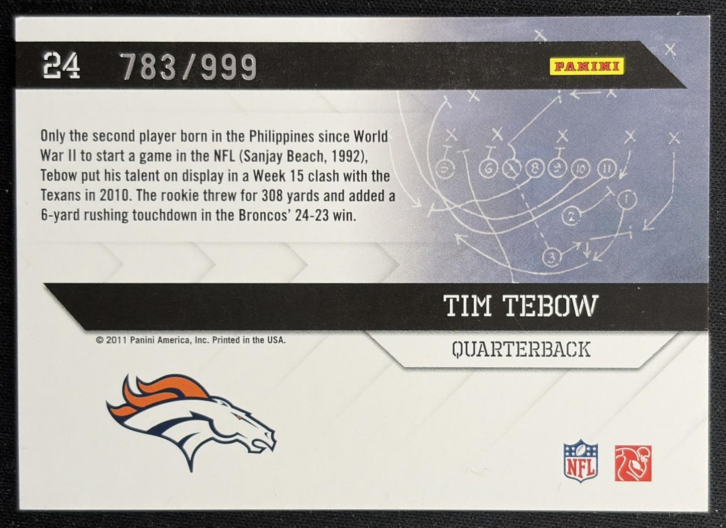 Tim Tebow 2011 Panini Donruss Elite Power Formulas Gold /999 Broncos back