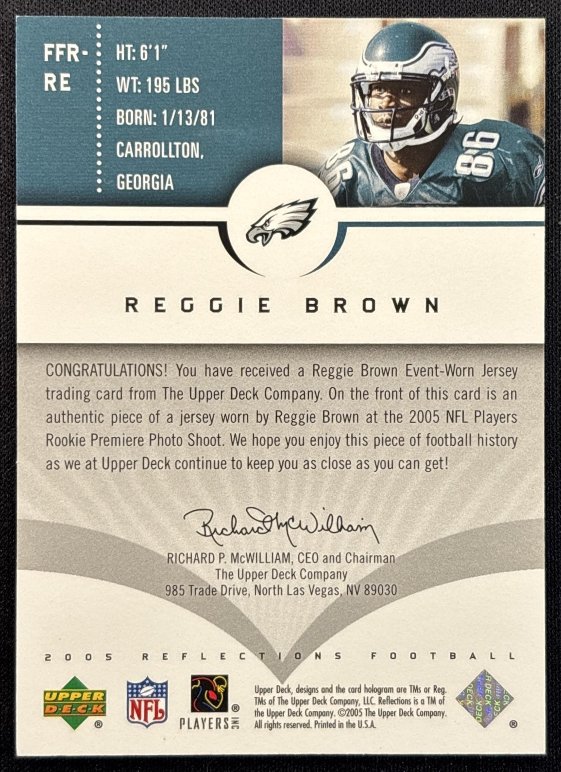 Reggie Brown 2005 Upper Deck Reflections Future Fabric Eagles back