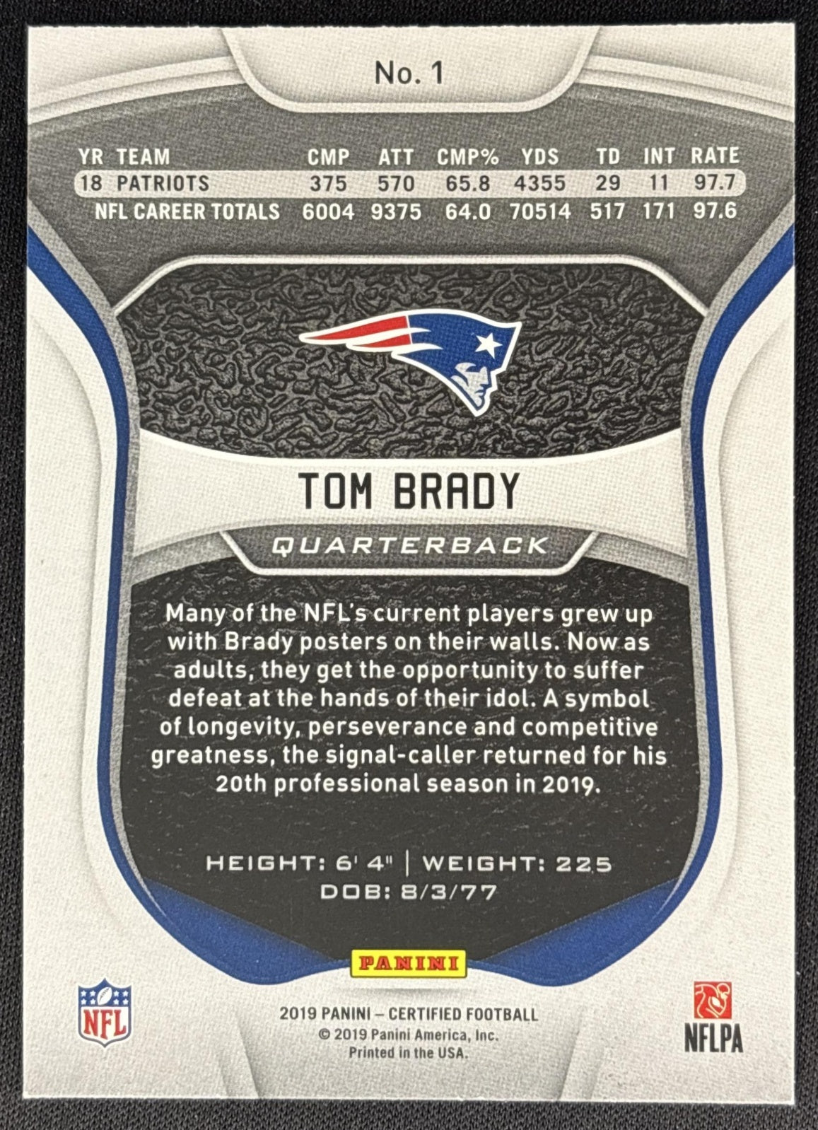 Tom Brady 2019 Panini Certified Patriots Sports Trading Cards