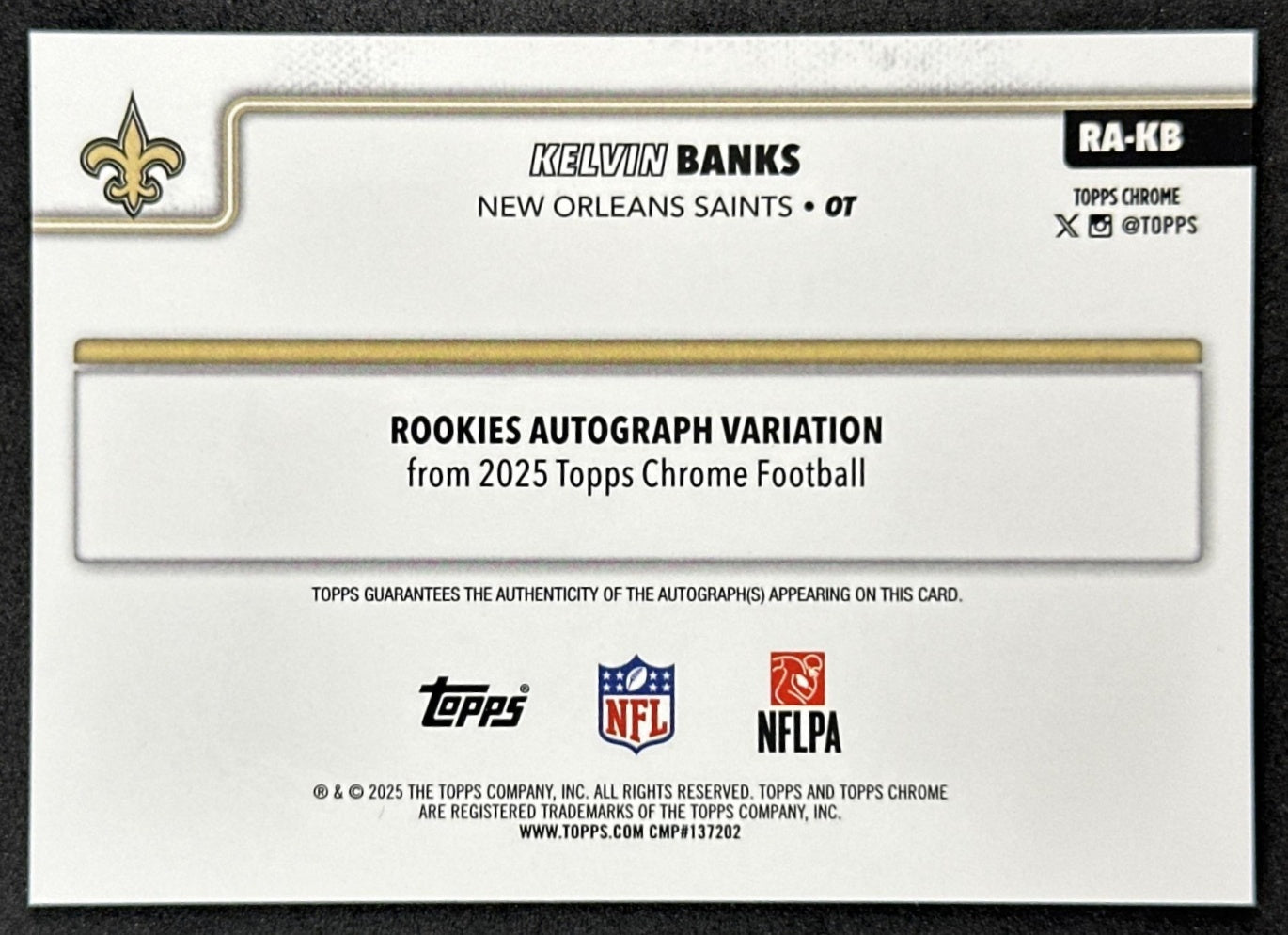 Kelvin Banks Jr. 2025 Topps Chrome Rookie Auto Green Refractor /99 Saints Sports Trading Cards
