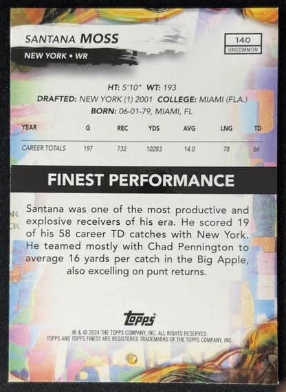Santana Moss 2024 Topps Finest Blue Refractor /150 Jets back