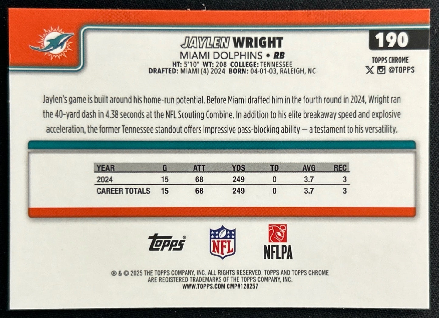 Jaylen Wright 2025 Topps Chrome Dolphins Sports Trading Cards