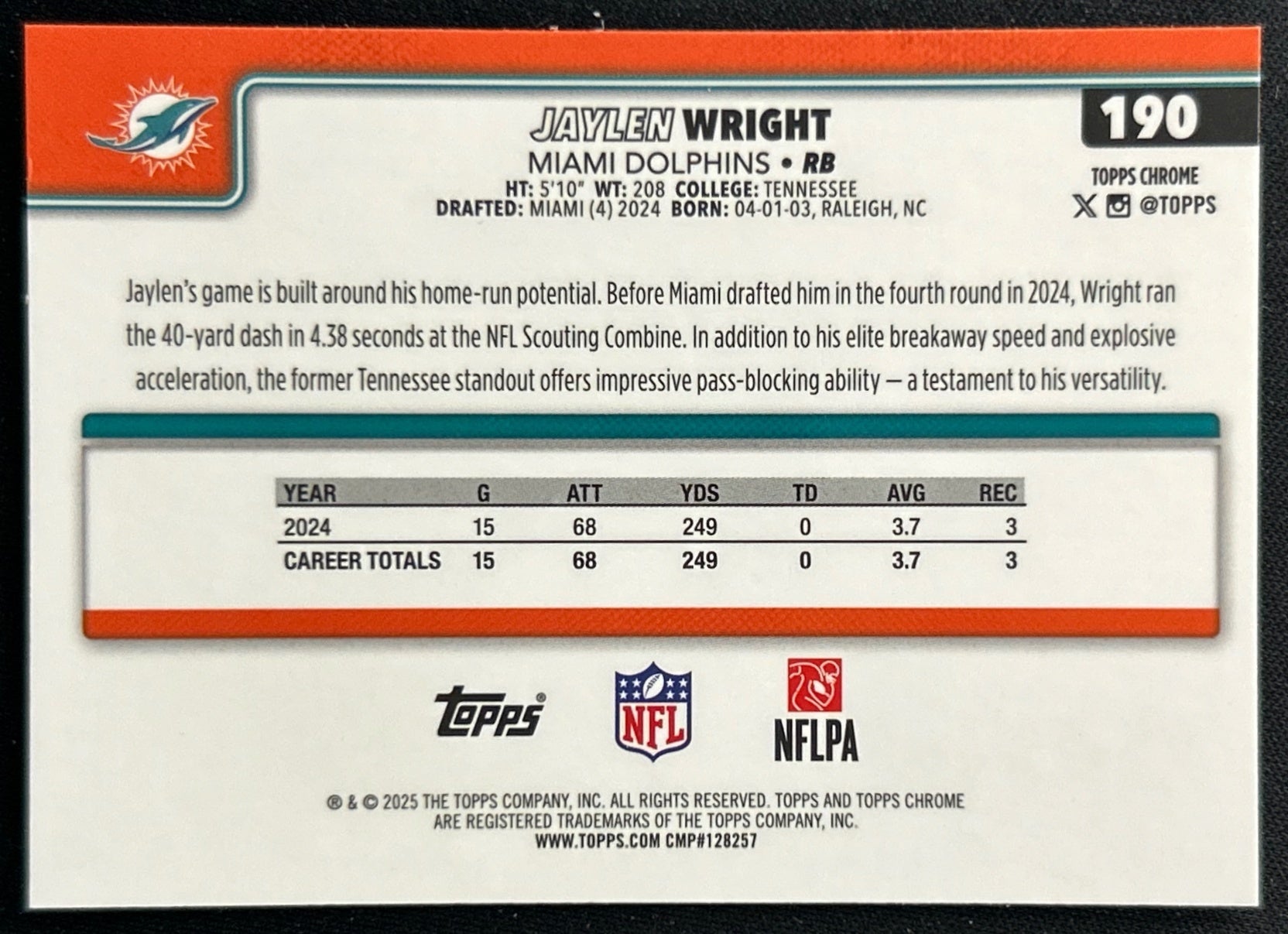 Jaylen Wright 2025 Topps Chrome Dolphins Sports Trading Cards