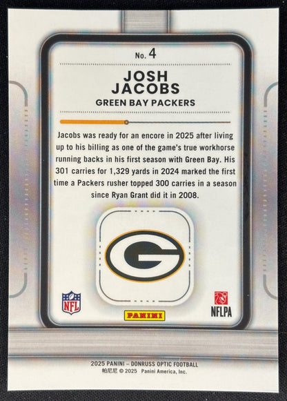 Josh Jacobs 2025 Panini Donruss Optic Play Action Packers Sports Trading Card