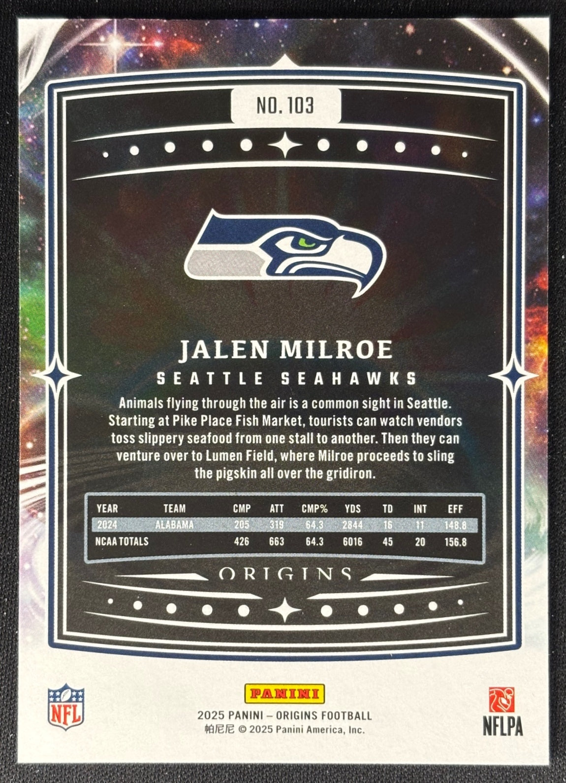 Jalen Milroe 2025 Origins Rookie Seahawks Sports Trading Card