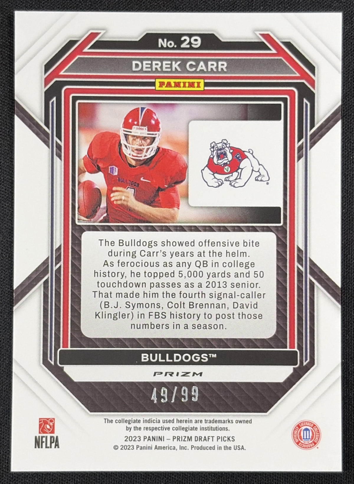 Derek Carr 2023 Panini Prizm Draft Picks Prizms Blue Ice /99 Bulldogs