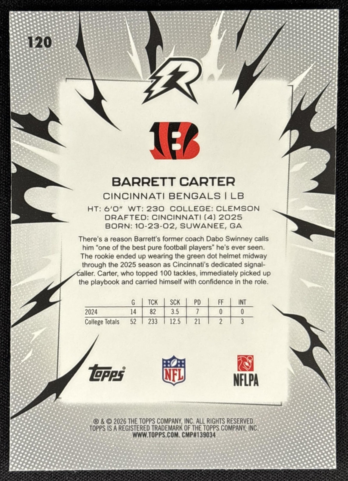 Barrett Carter 2025 Topps Resurgence Blue and Orange Spark Refractor Bengals