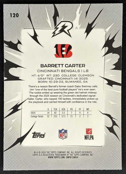 Barrett Carter 2025 Topps Resurgence Blue and Orange Spark Refractor Bengals