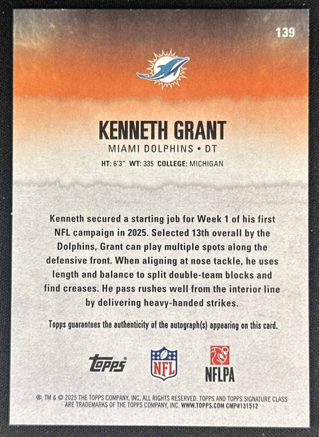 Kenneth Grant 2025 Topps Signature Class Rookie Auto Green Foil /150 Dolphins Sports Trading Cards
