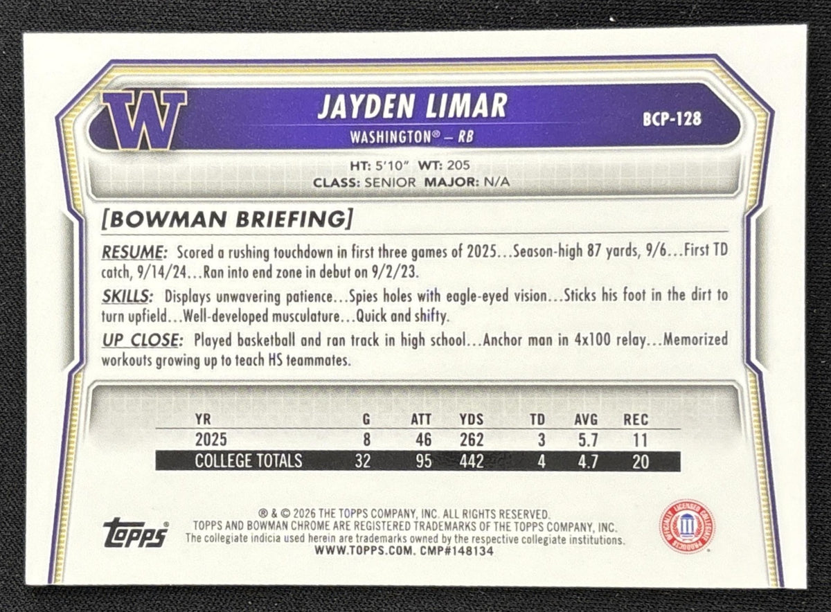 Jayden Limar 2026 Bowman Chrome Prospects Mojo Refractor Commanders Redskins Huskies