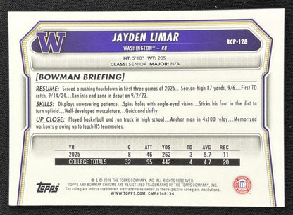 Jayden Limar 2026 Bowman Chrome Prospects Mojo Refractor Commanders Redskins Huskies
