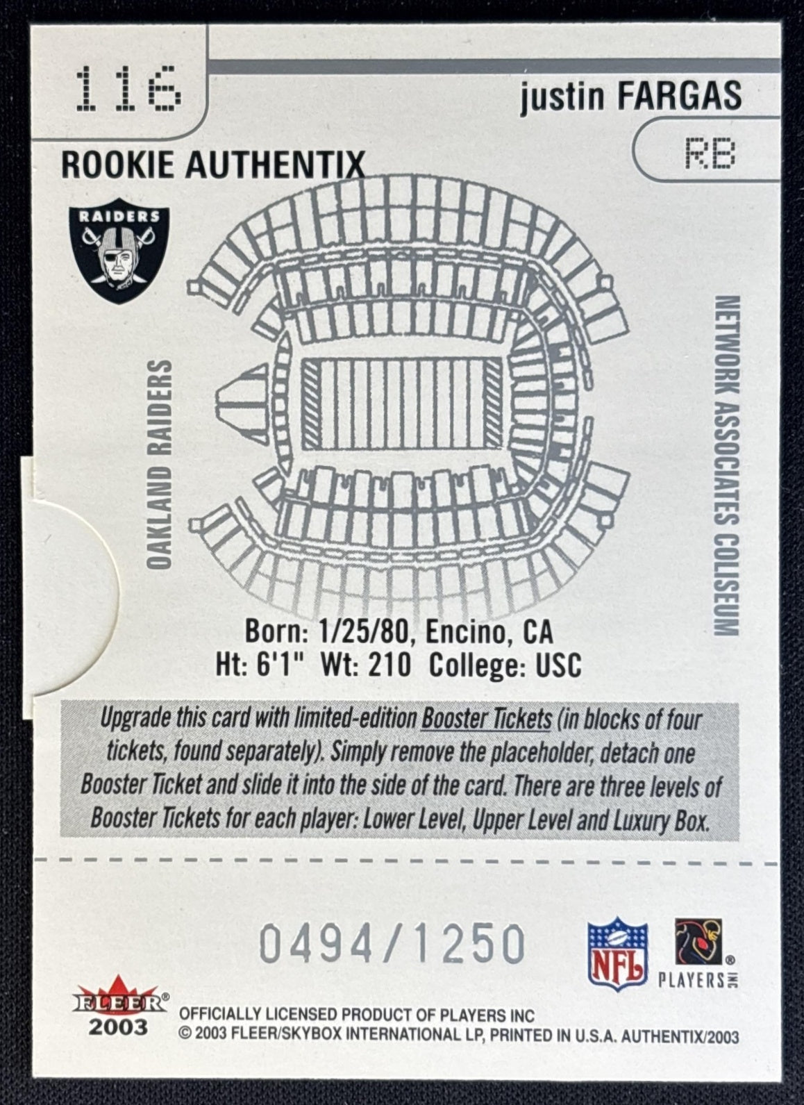 Justin Fargas 2003 Fleer Authentix /1250 Raiders