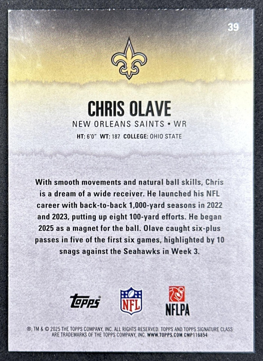 Chris Olave 2025 Topps Signature Class Veteran Green & Purple Foil Saints back