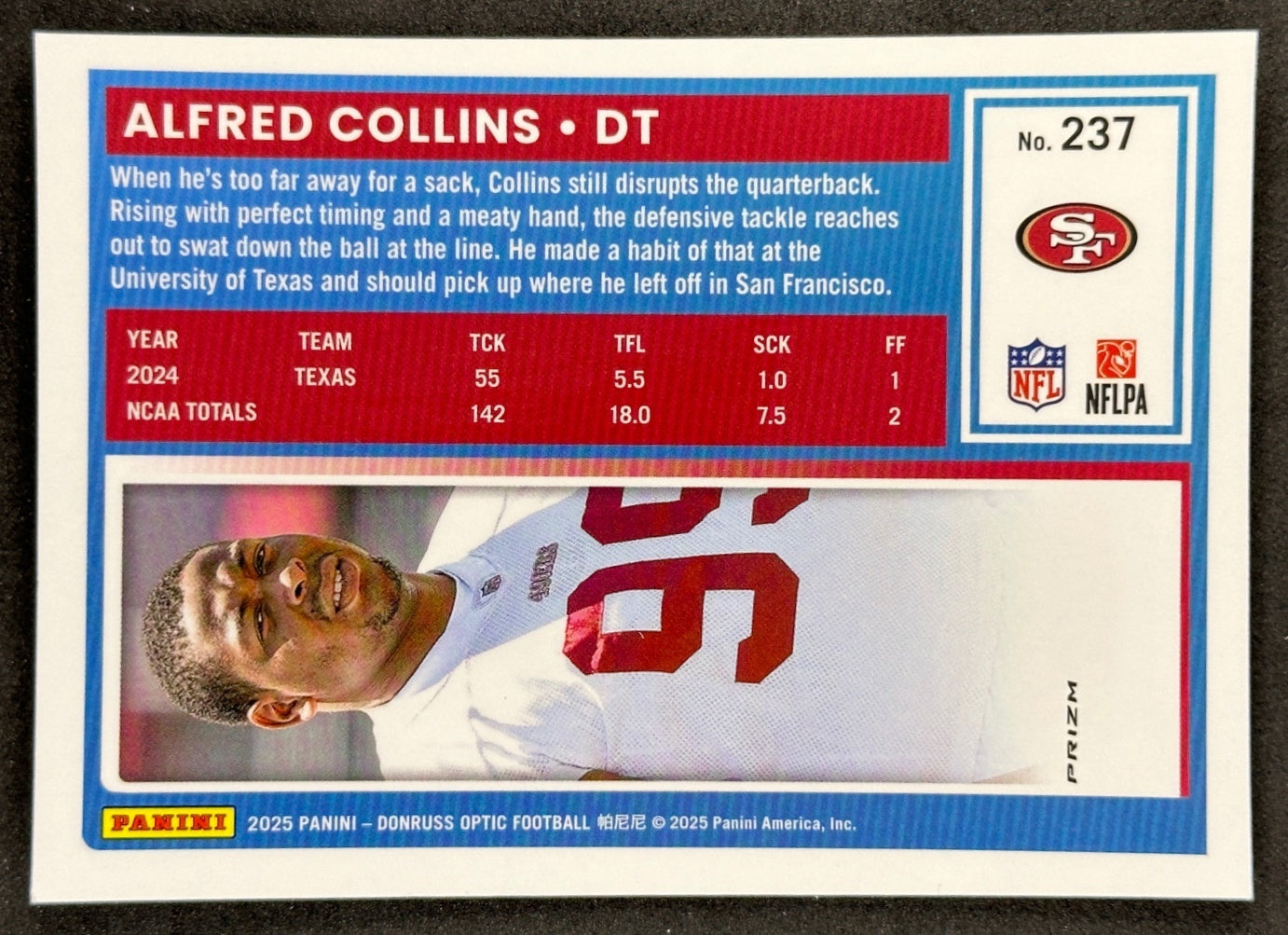 Alfred Collins 2025 Donruss Optic Rated Rookie Purple Shock Prizm 49ers Sports Trading Card