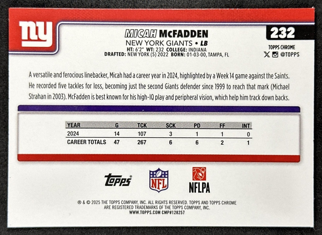 Micah McFadden 2025 Topps Chrome Pulsar Refractor Giants back