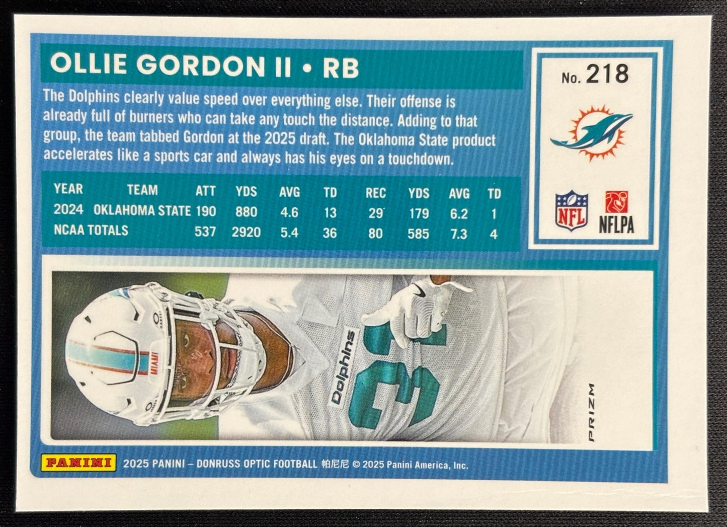 Ollie Gordon II 2025 Donruss Optic Rated Rookie Pink Prizm Dolphins Sports Trading Card