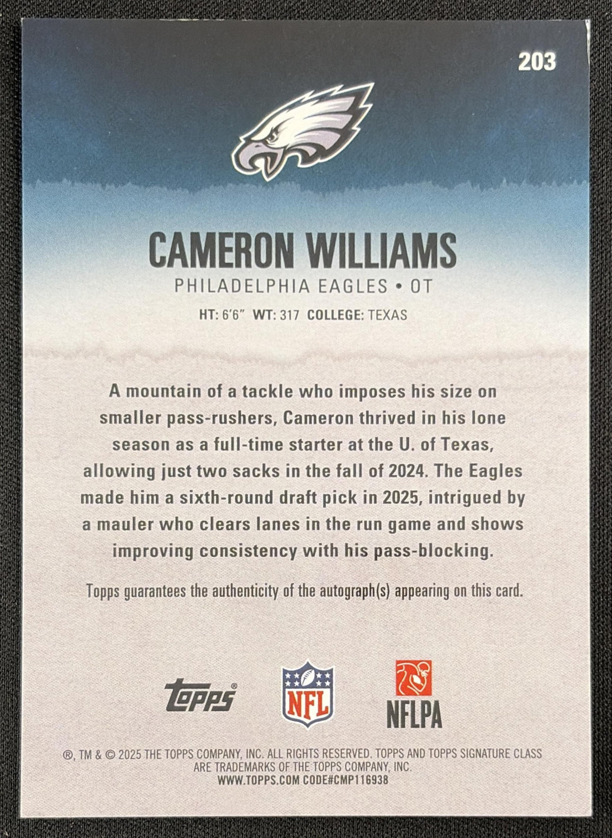 Cameron Williams 2025 Topps Signature Class Rookie Chrome Auto Red Lava Refractor /25 Eagles