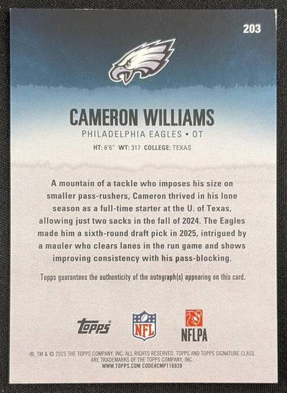 Cameron Williams 2025 Topps Signature Class Rookie Chrome Auto Red Lava Refractor /25 Eagles