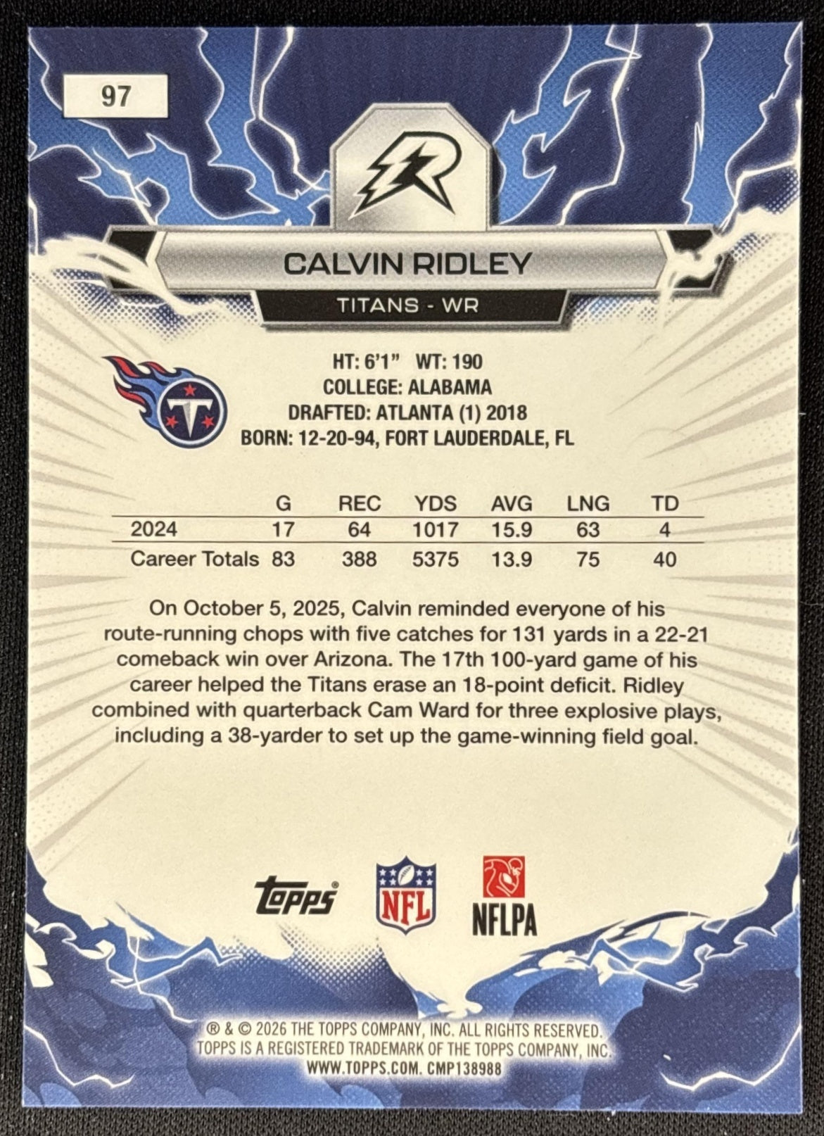 Calvin Ridley 2025 Topps Resurgence Titans Tennessee Titans back