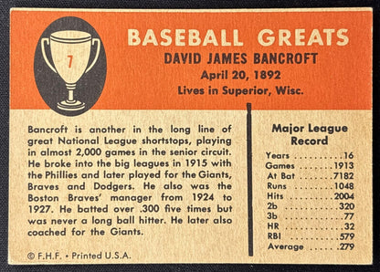 Dave Bancroft 1961 Fleer Baseball Greats F418-3 Phillies back