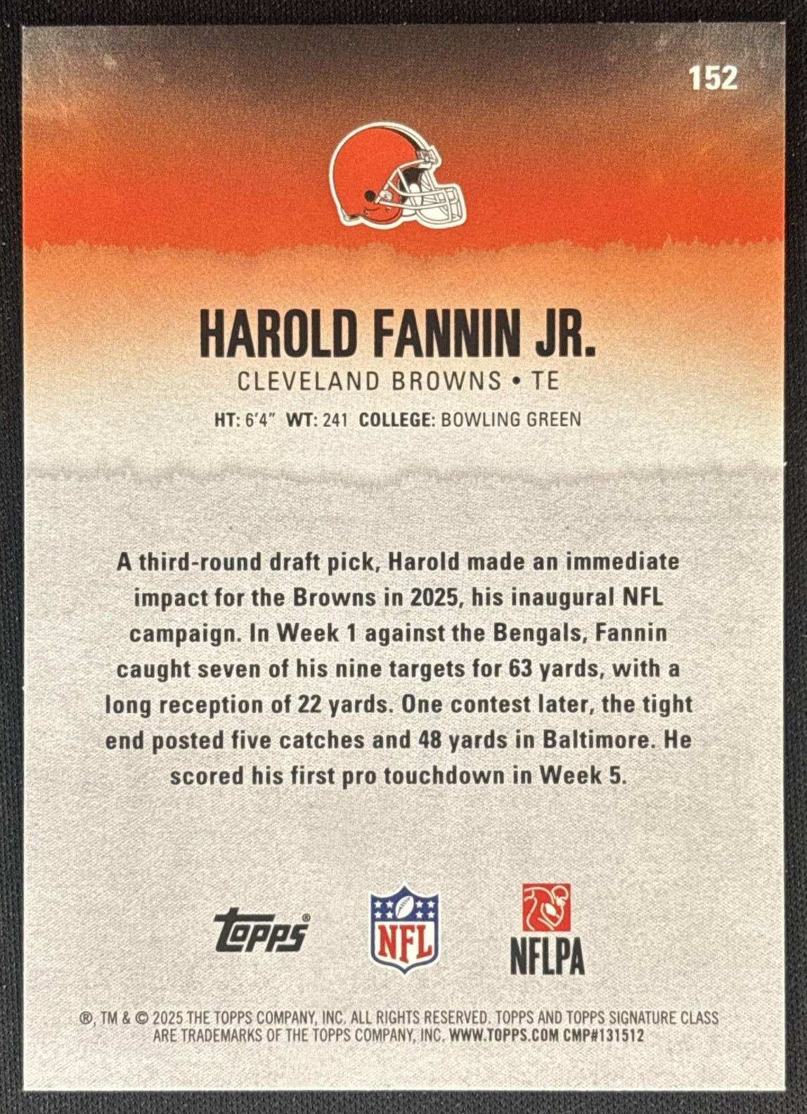 Harold Fannin Jr. 2025 Topps Signature Class Rookie Green & Purple Foil Browns back