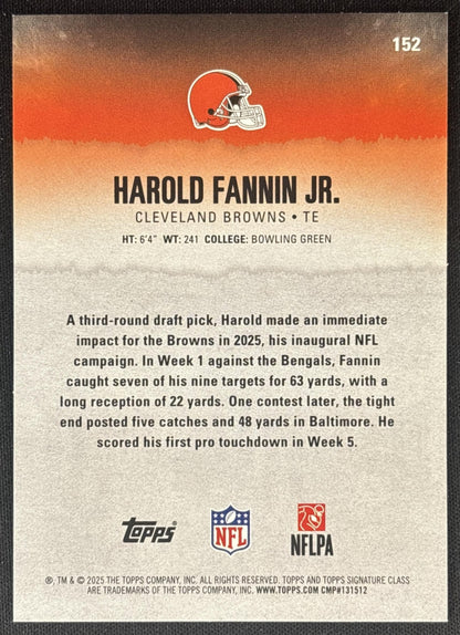 Harold Fannin Jr. 2025 Topps Signature Class Rookie Green & Purple Foil Browns back
