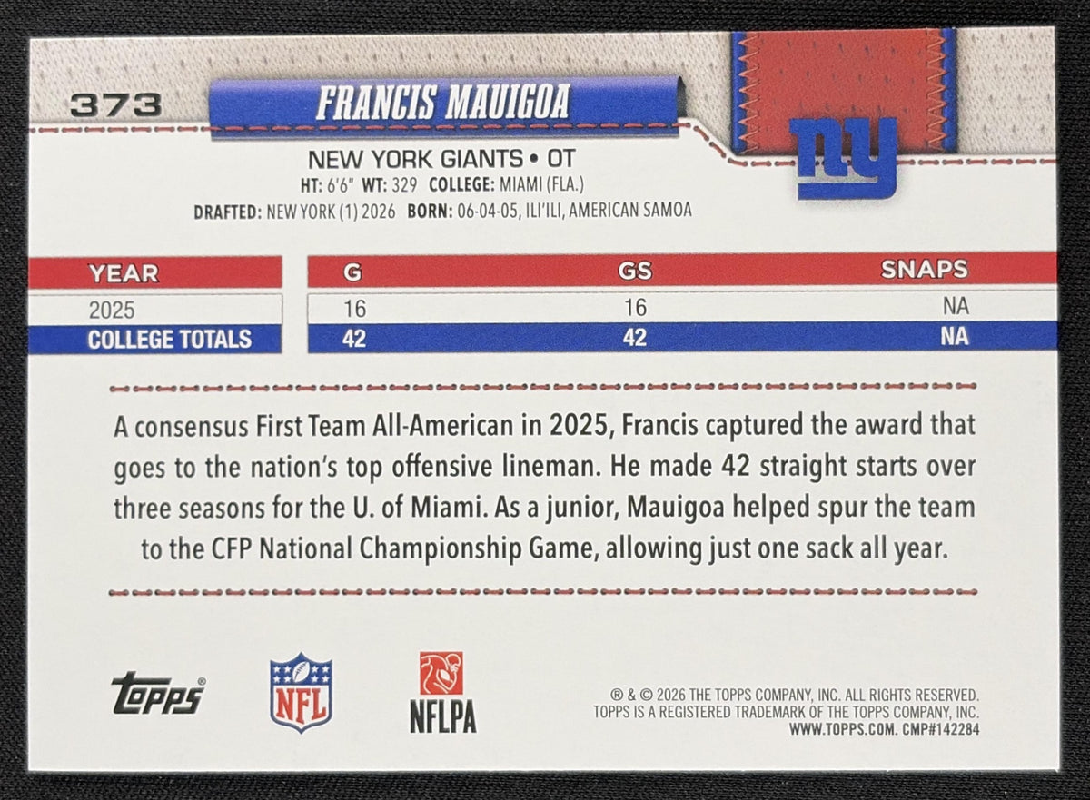 Francis Mauigoa 2026 Topps Crackle Foil Giants back