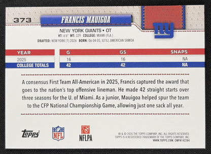 Francis Mauigoa 2026 Topps Crackle Foil Giants back