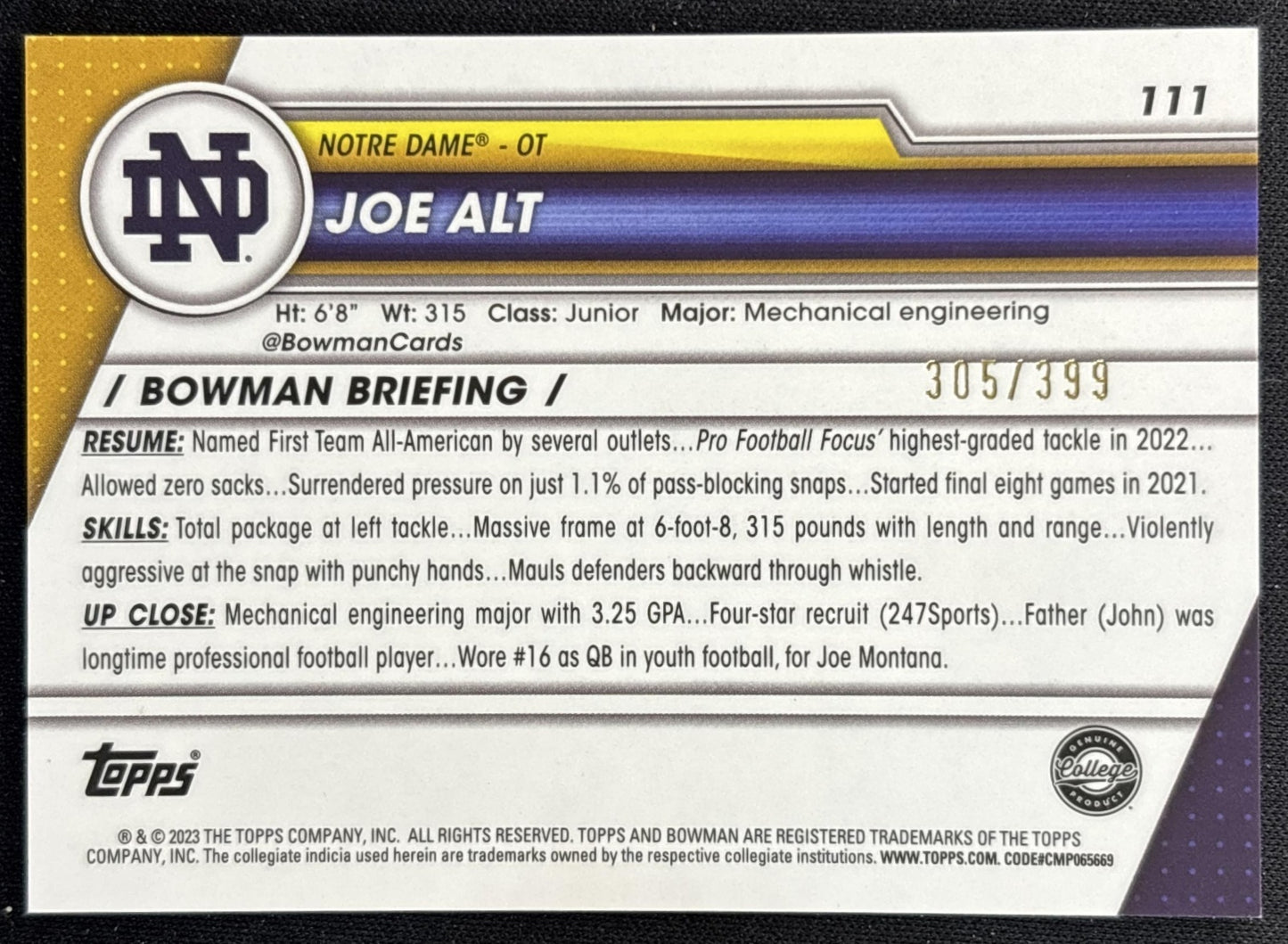 Joe Alt 2023 University Chrome Purple Mini Diamond Refractor /399 Fighting Irish back