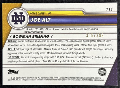 Joe Alt 2023 University Chrome Purple Mini Diamond Refractor /399 Fighting Irish back