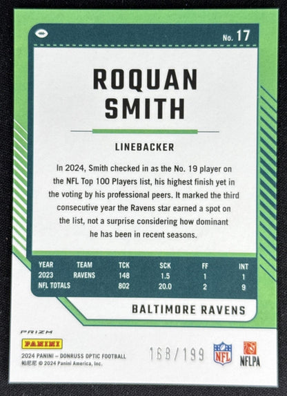 Roquan Smith 2024 Panini Donruss Optic Blue /199 Ravens Sports Trading Card