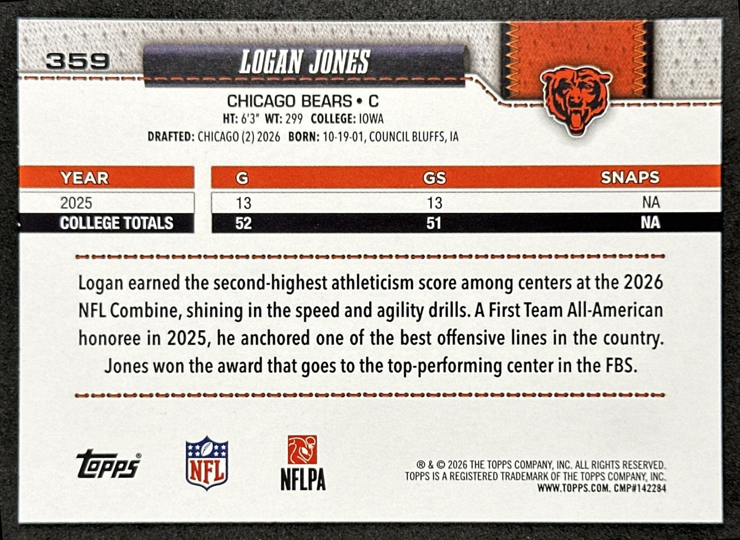 Logan Jones 2026 Topps Flagship Rookie Bears Sports Trading Cards
