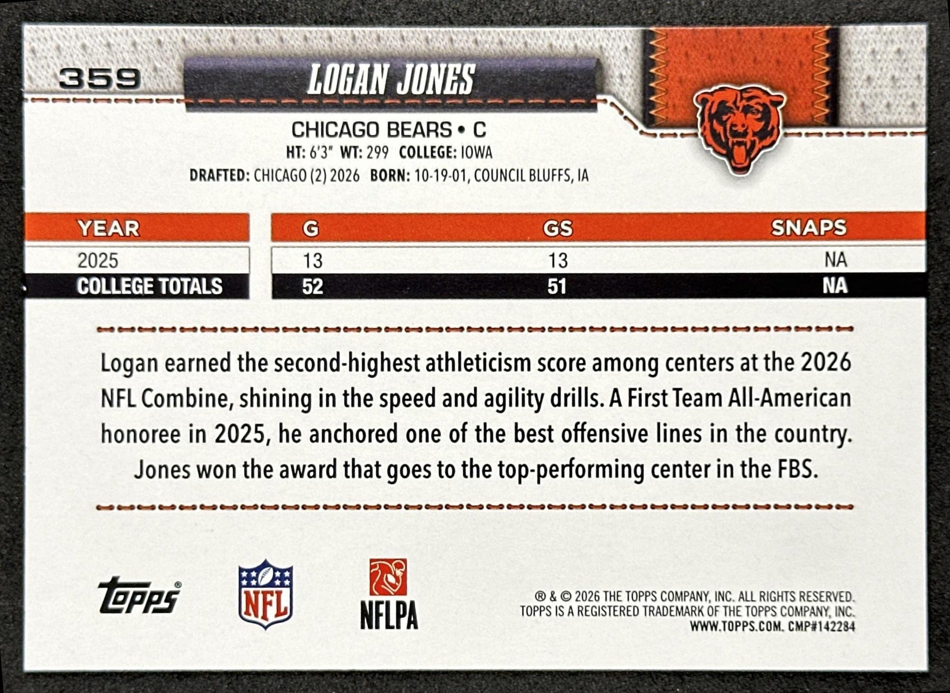 Logan Jones 2026 Topps Flagship Rookie Bears Sports Trading Cards