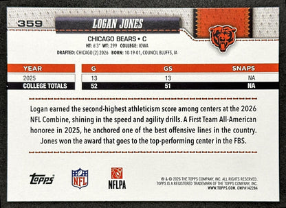 Logan Jones 2026 Topps Flagship Rookie Bears Sports Trading Cards