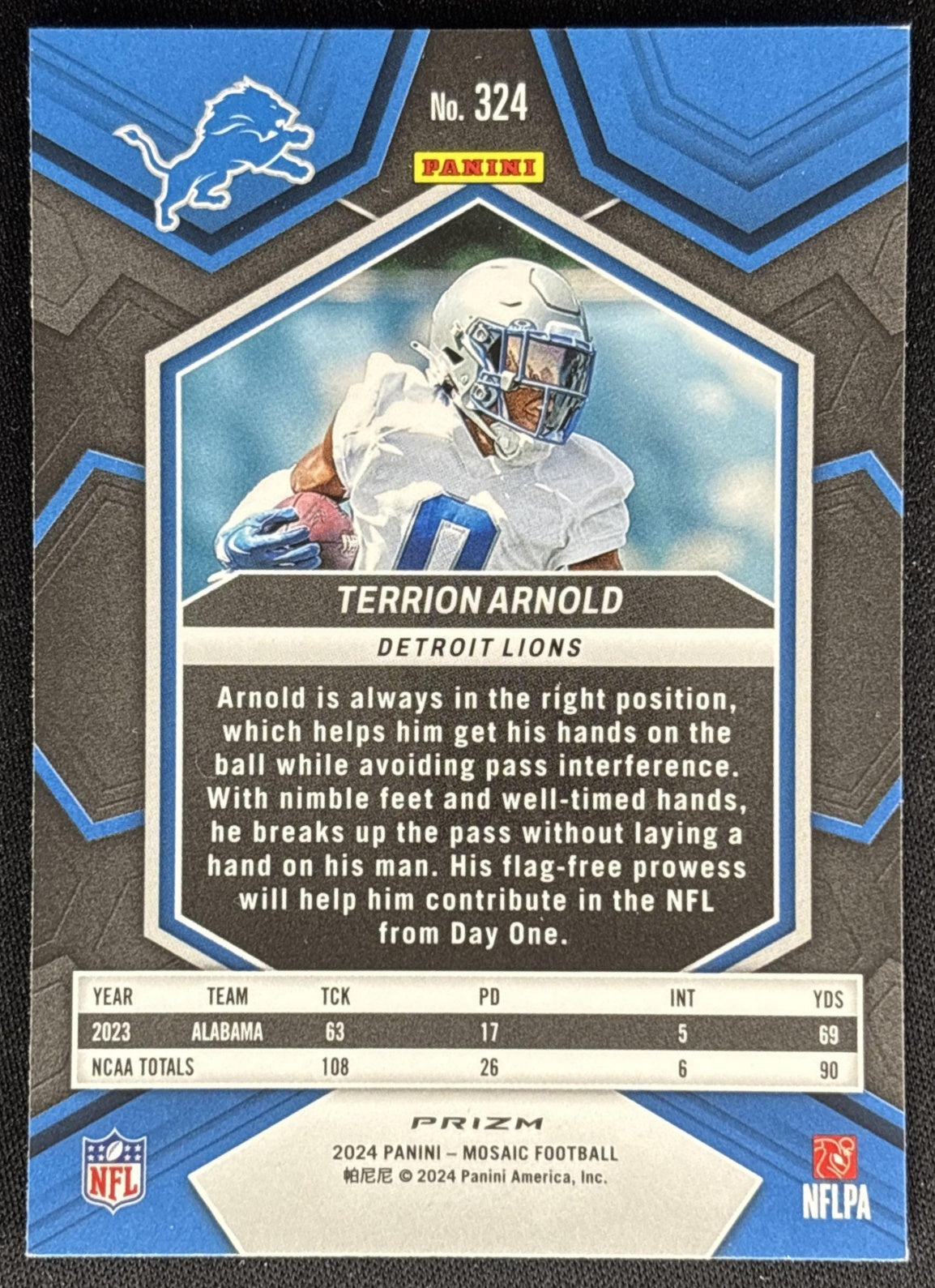 Terrion Arnold 2024 Panini Mosaic Green Prizm Lions Sports Trading Card