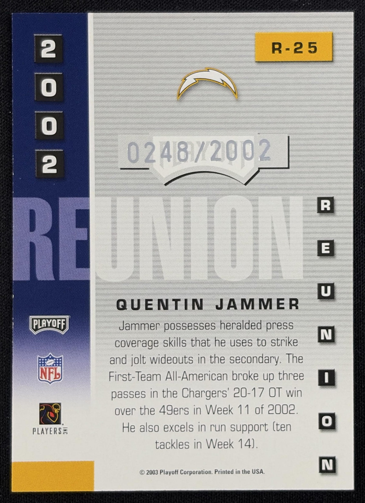 Quentin Jammer 2003 Playoff Prestige 2002 Reunion /2002 Chargers
