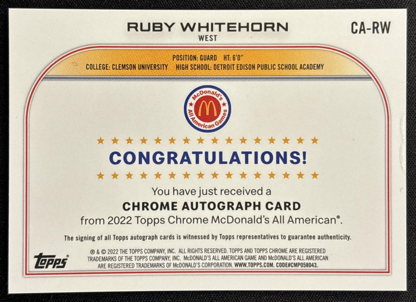 Ruby Whitehorn 2022 Topps Chrome McDonald's All American Auto Sports Trading Card