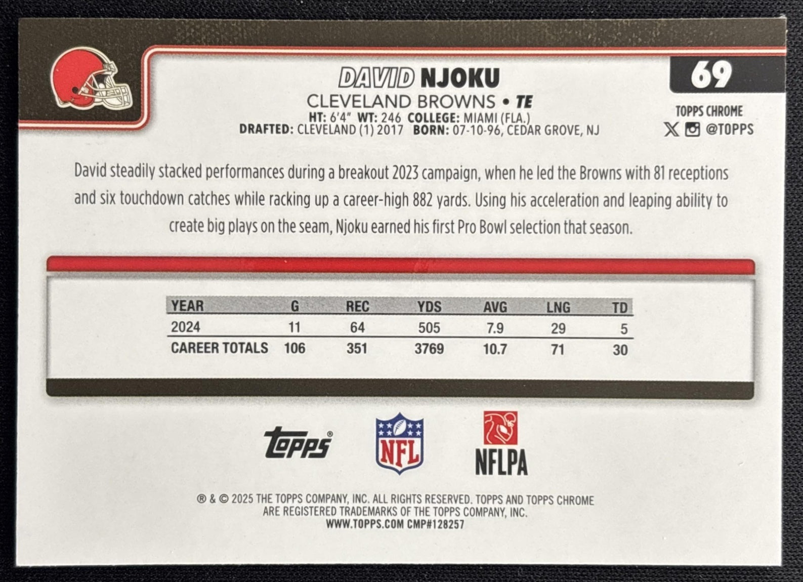 David Njoku 2025 Topps Chrome Teal Refractor /299 Browns back