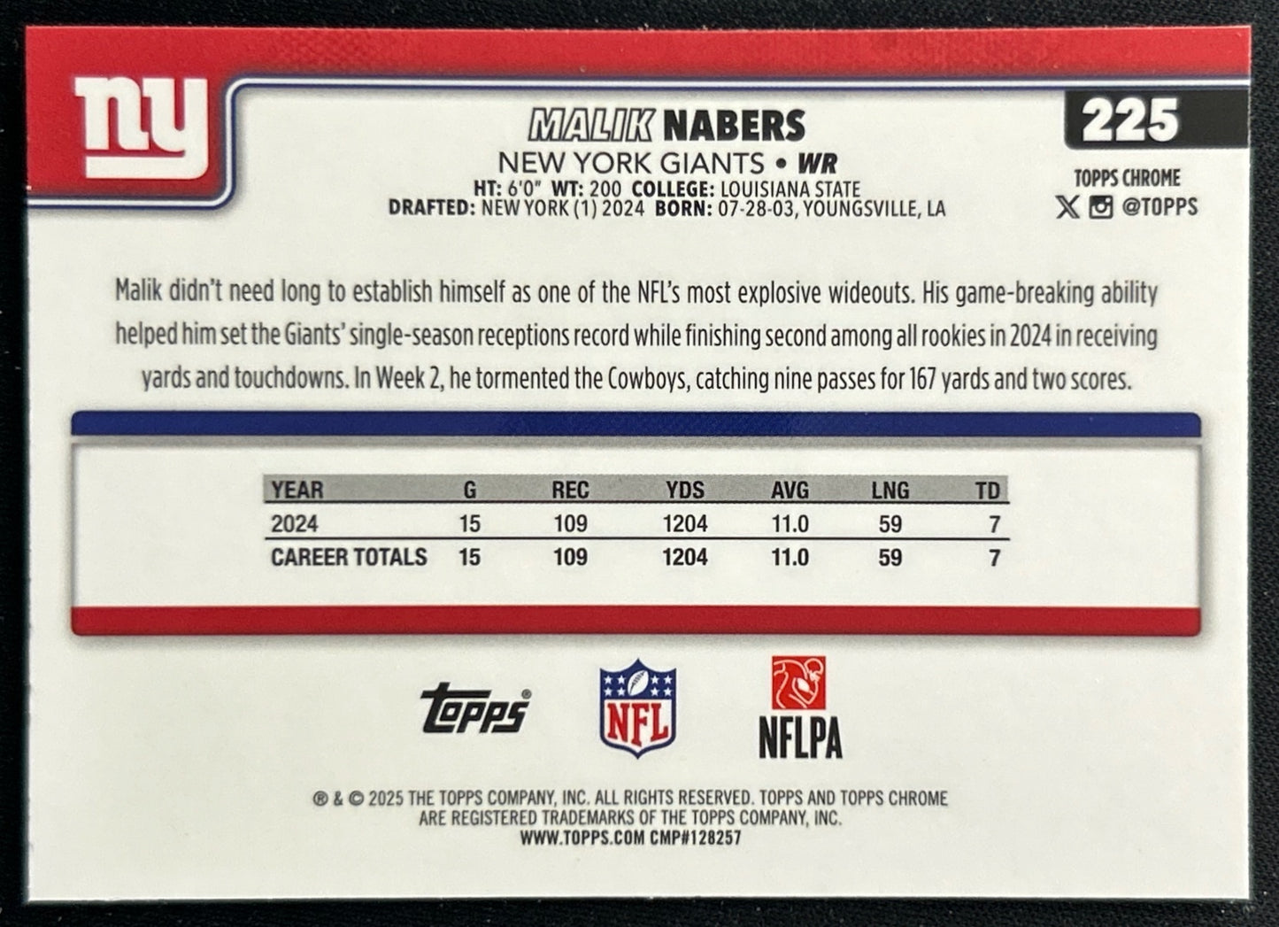 Malik Nabers 2025 Topps Chrome Giants Sports Trading Cards