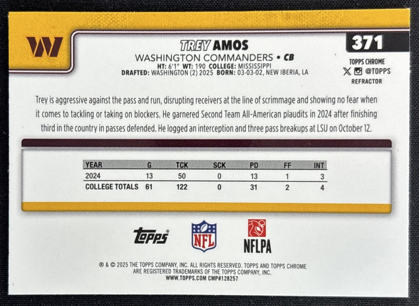 Trey Amos 2025 Topps Chrome Rookie Refractor Commanders