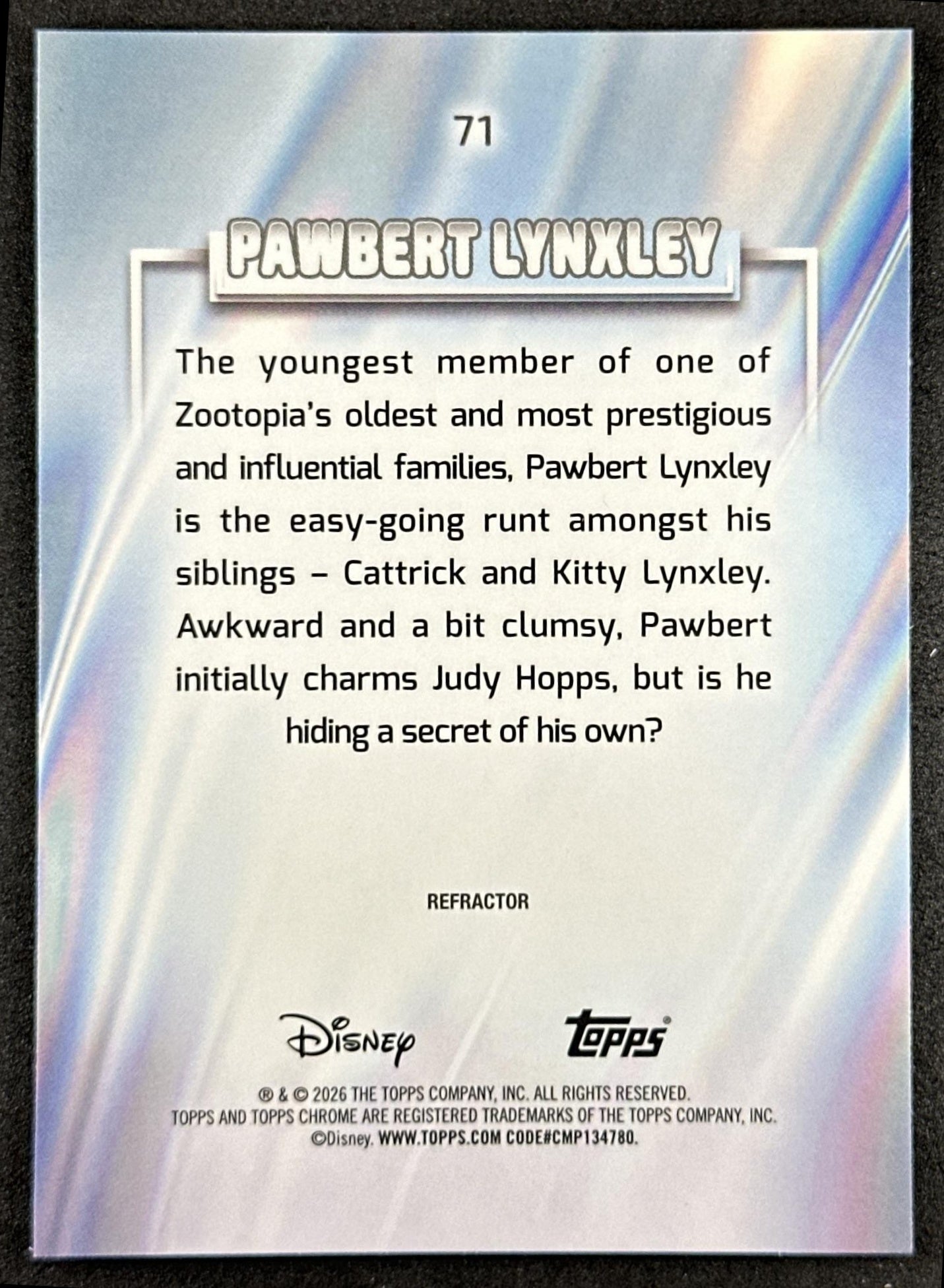Pawbert Lynxley 2026 Topps Chrome Disney Refractor Zootopia 2 Back